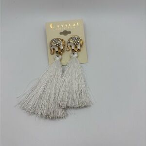Crystal Collection Elephant Gold and White Tassel Earrings